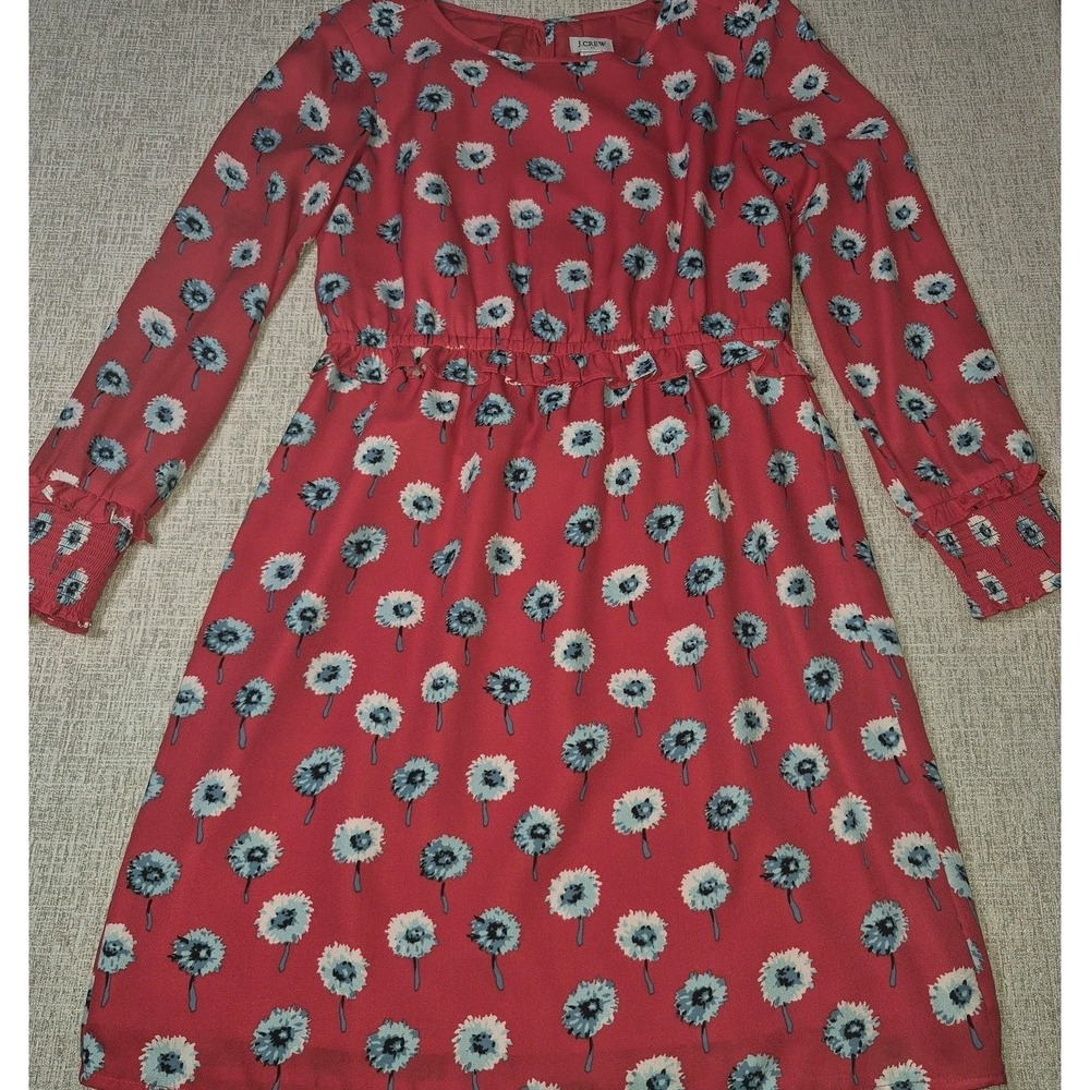 J.Crew Factory Red Floral Long Sleeve Dress Ruffle Waist A-Line Womens Size 2